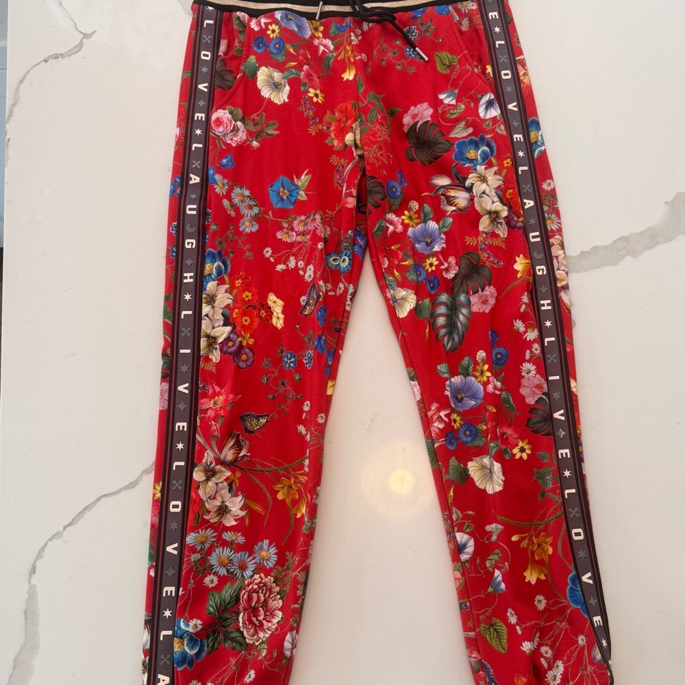 Johnny Was Girls Red Floral Jogger Pants with Side Stripes
